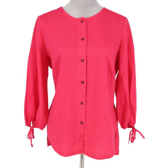 Ellen Tracy Top Womens Medium Pink Linen Blouse Buttons Bows at Cuffs - Picture 1 of 14